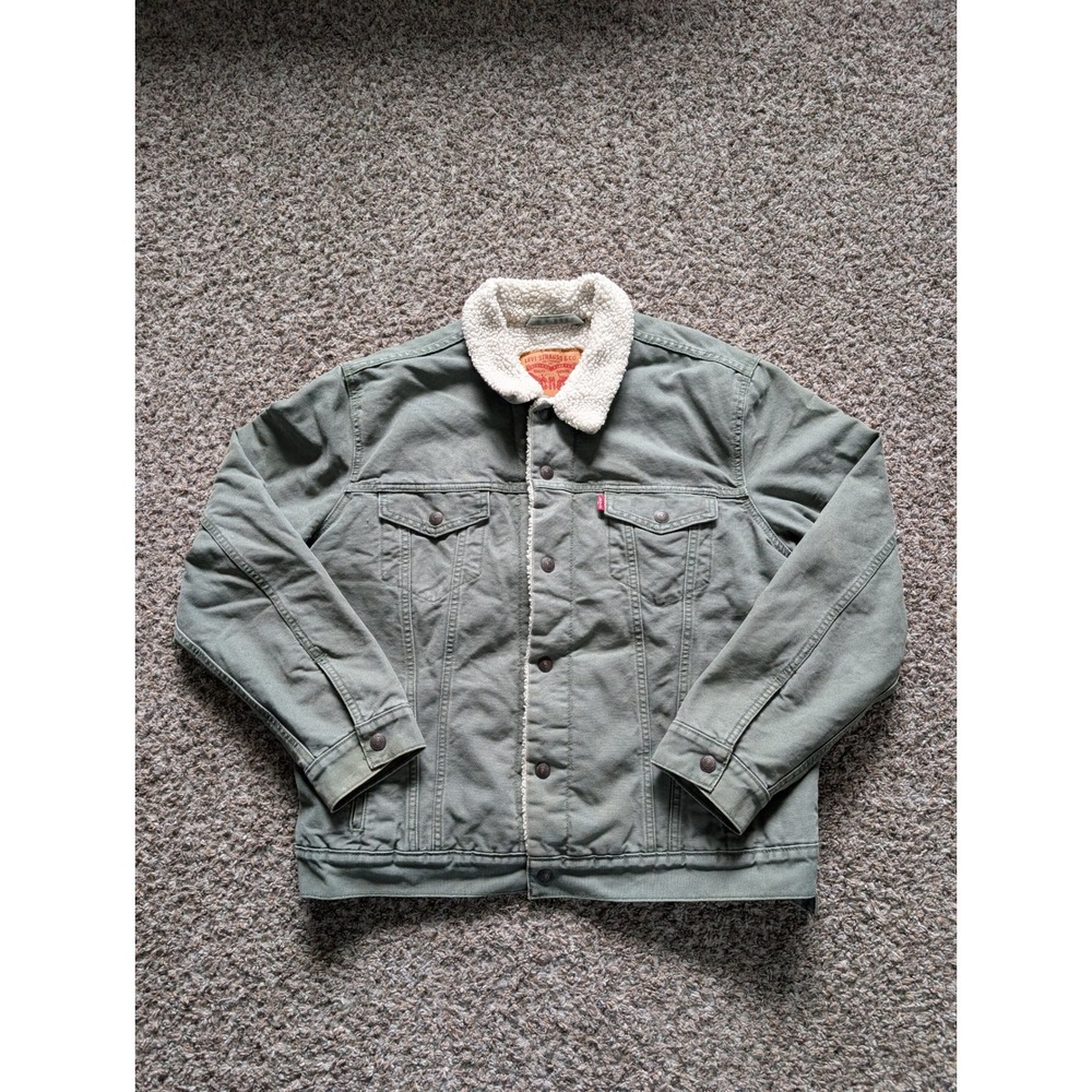 Levis Sherpa Lined Trucker Jacket Mens Large Olive Green Canvas 16365-0163